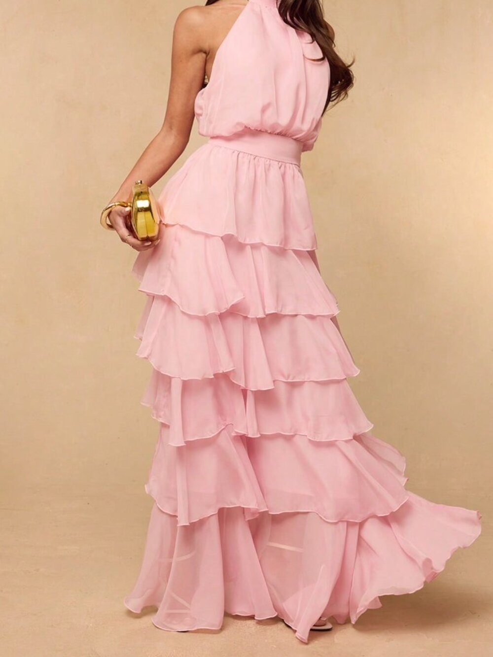 Pink Party Women's Multi-Layer Ruffle Neck Long Dress - Picture 4 of 6